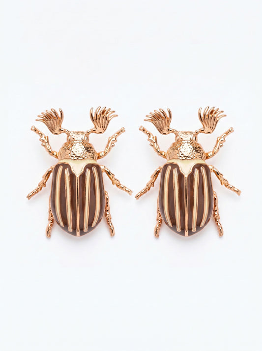 June Bug Stud Earrings — Silver or Gold with Bronze & Off‑White Enamel