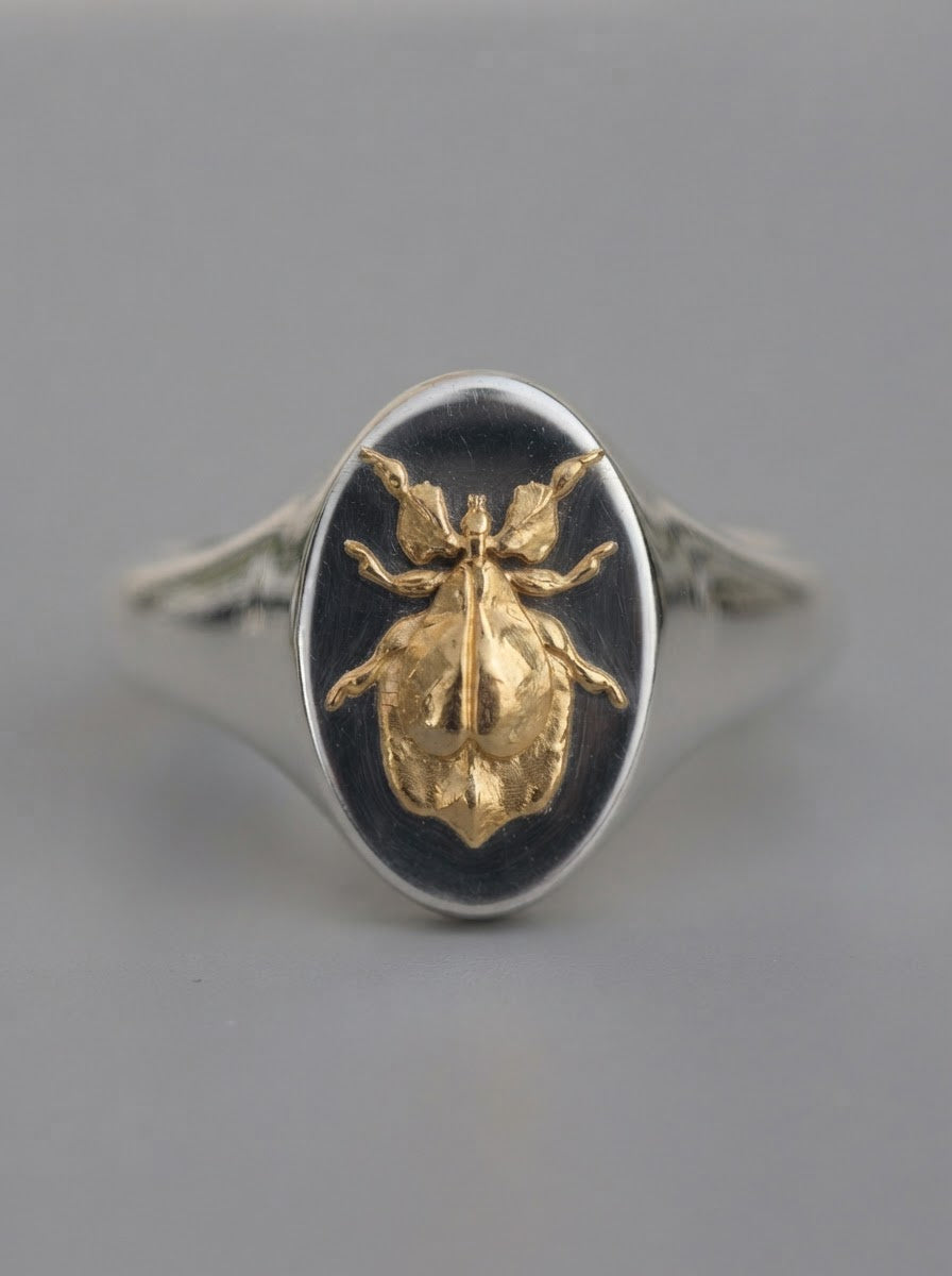 Capricorn Leaf Insect Signet Ring | Sterling Silver & Gold Plated
