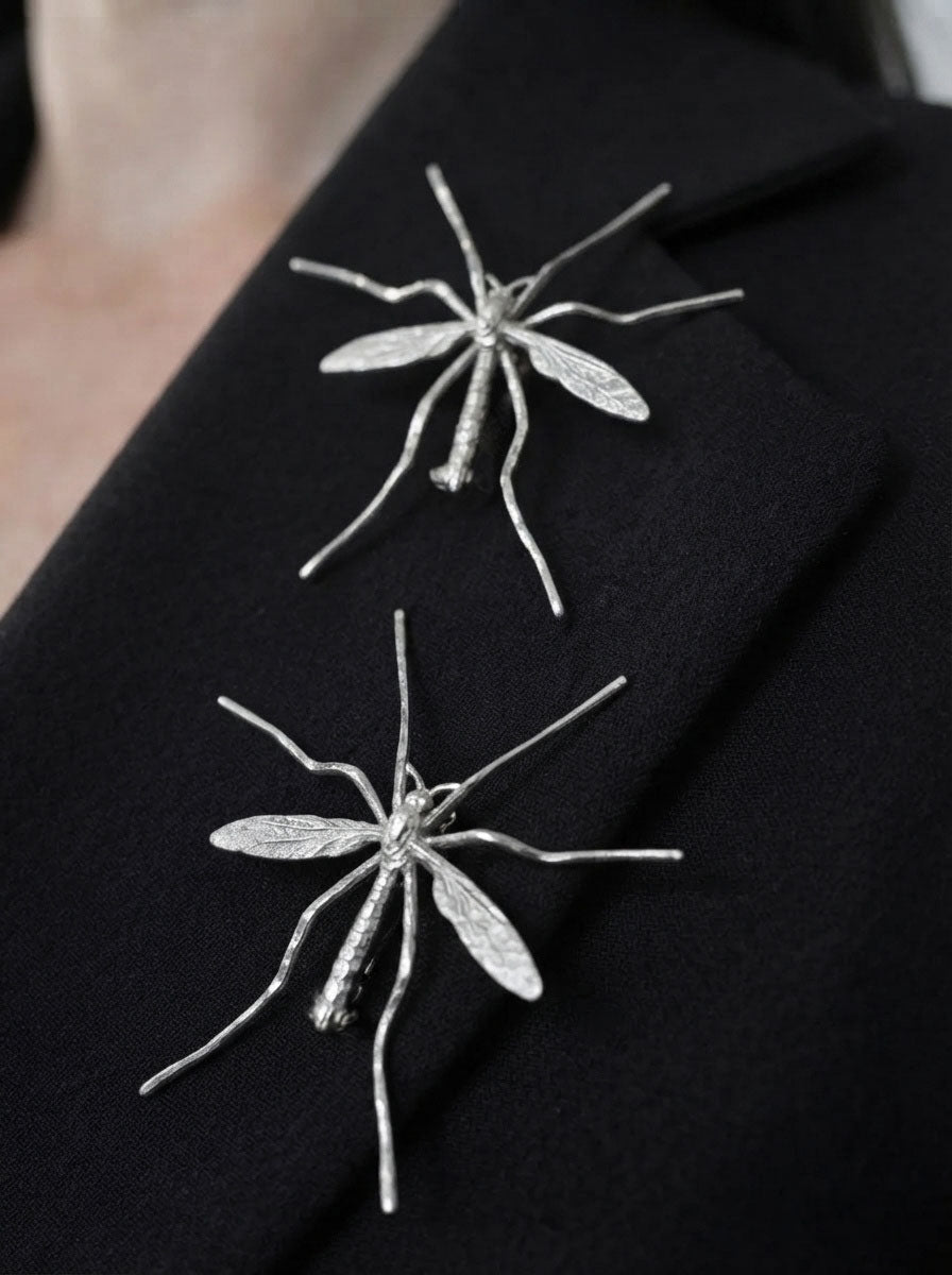 Crane Fly Brooch — Sterling Silver or 14k Gold‑Plated | Sculptural Insect Jewelry