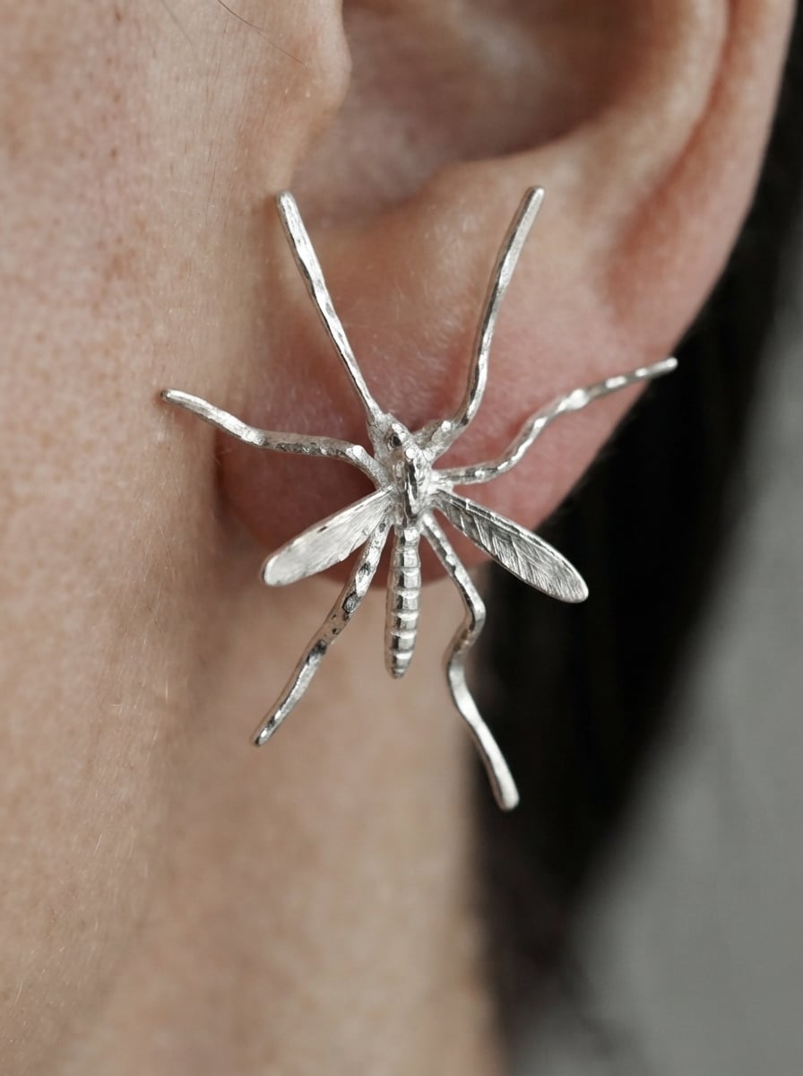 Crane Fly Stud Earrings – Sterling Silver or 14k Gold‑Plated | Sculptural Insect Jewelry