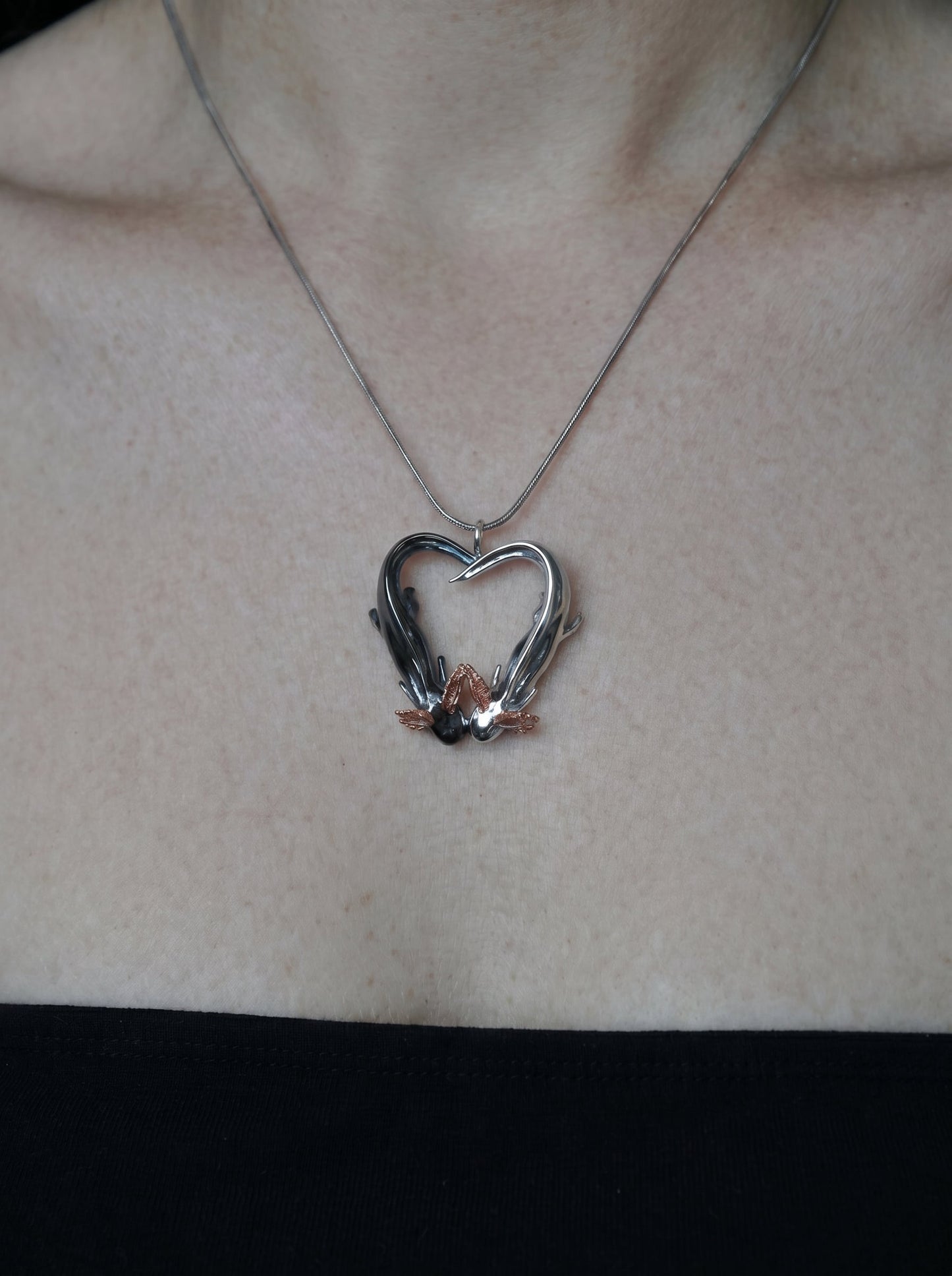 Axolotl Love Pendant – Heart-Shaped Axolotl Necklace in Silver & Rhodium | Anna Reikher Jewelry