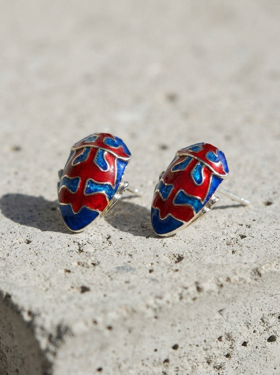 Harlequin Shield Bug Stud Earrings – Matte Red & Shiny‑Blue Enamel