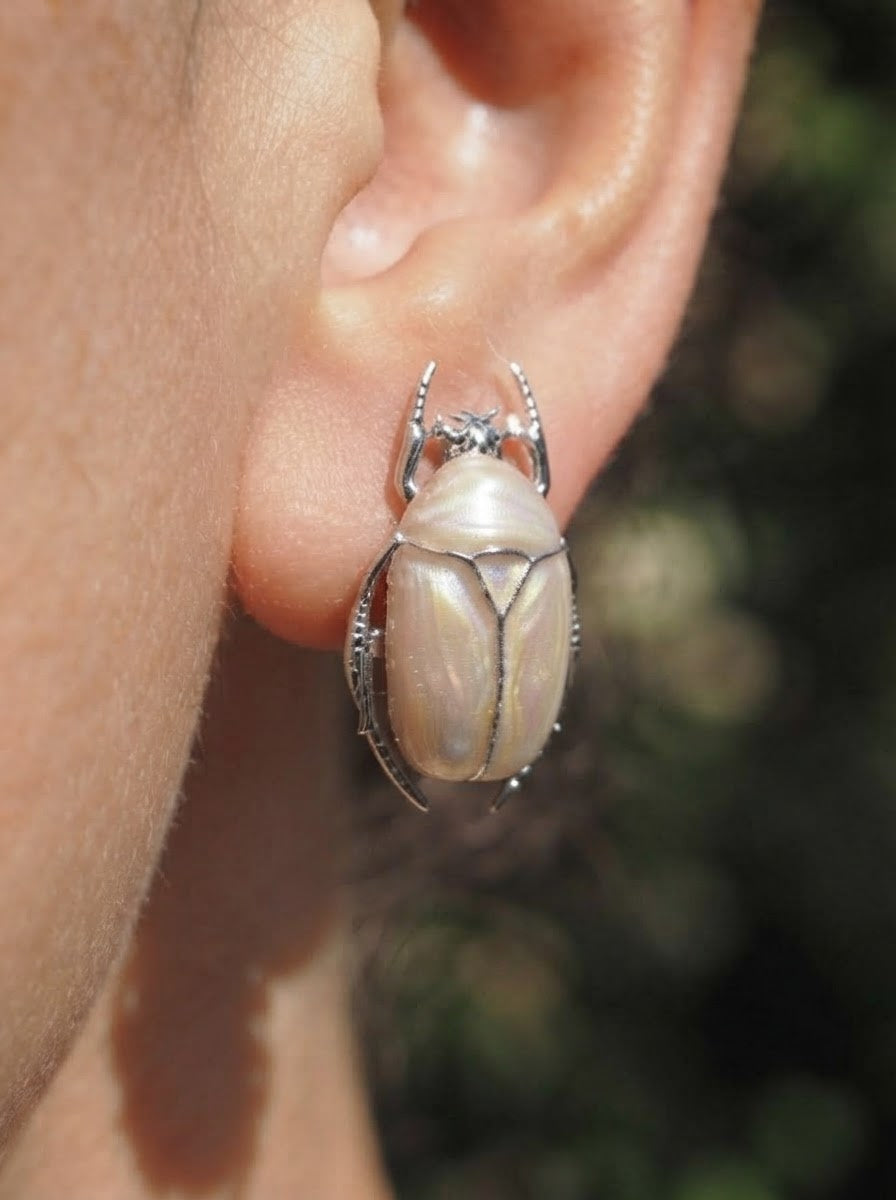 Pearl White Flower Beetle Stud Earrings – Enamel Insect Jewelry