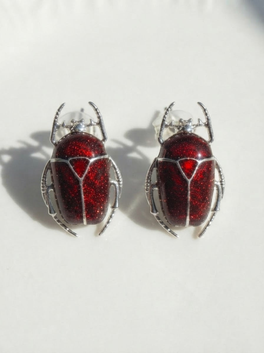 Glossy Dark Red Enamel Flower Beetle Stud Earrings – Nature Inspired Insect Jewelry