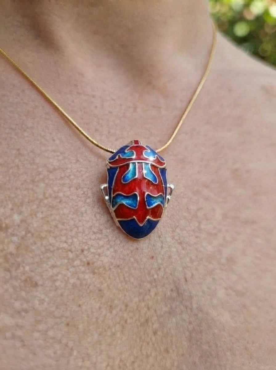 Harlequin Shield Bug Pendant – Matte Red & Shiny‑Blue Enamel