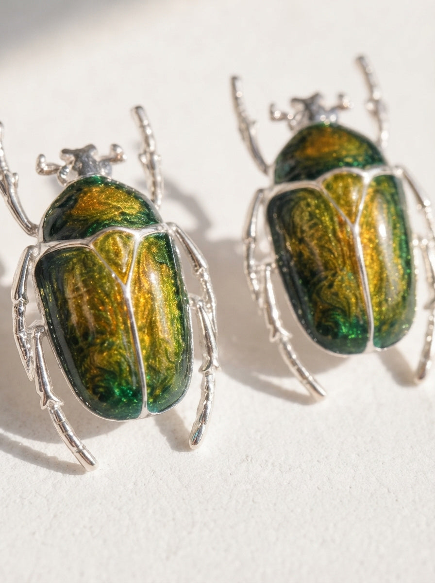 Green & Yellow Enamel Flower Beetle Stud Earrings – Sculptural Insect Jewelry