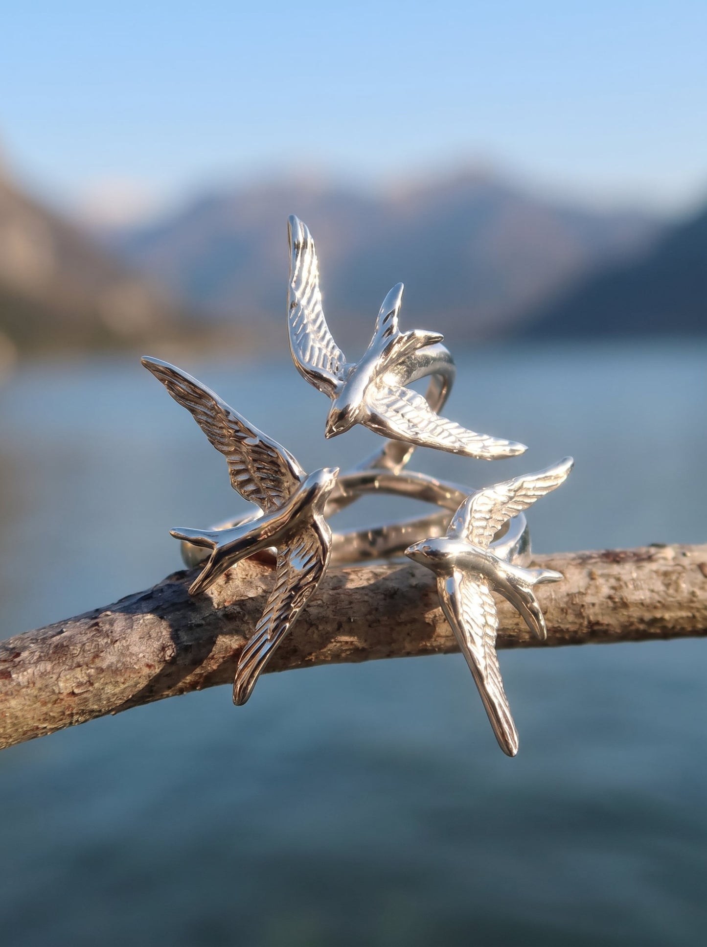 The Swallow Return Ring — Three Birds Moving Toward One Point | Silver or Gold Bird Ring