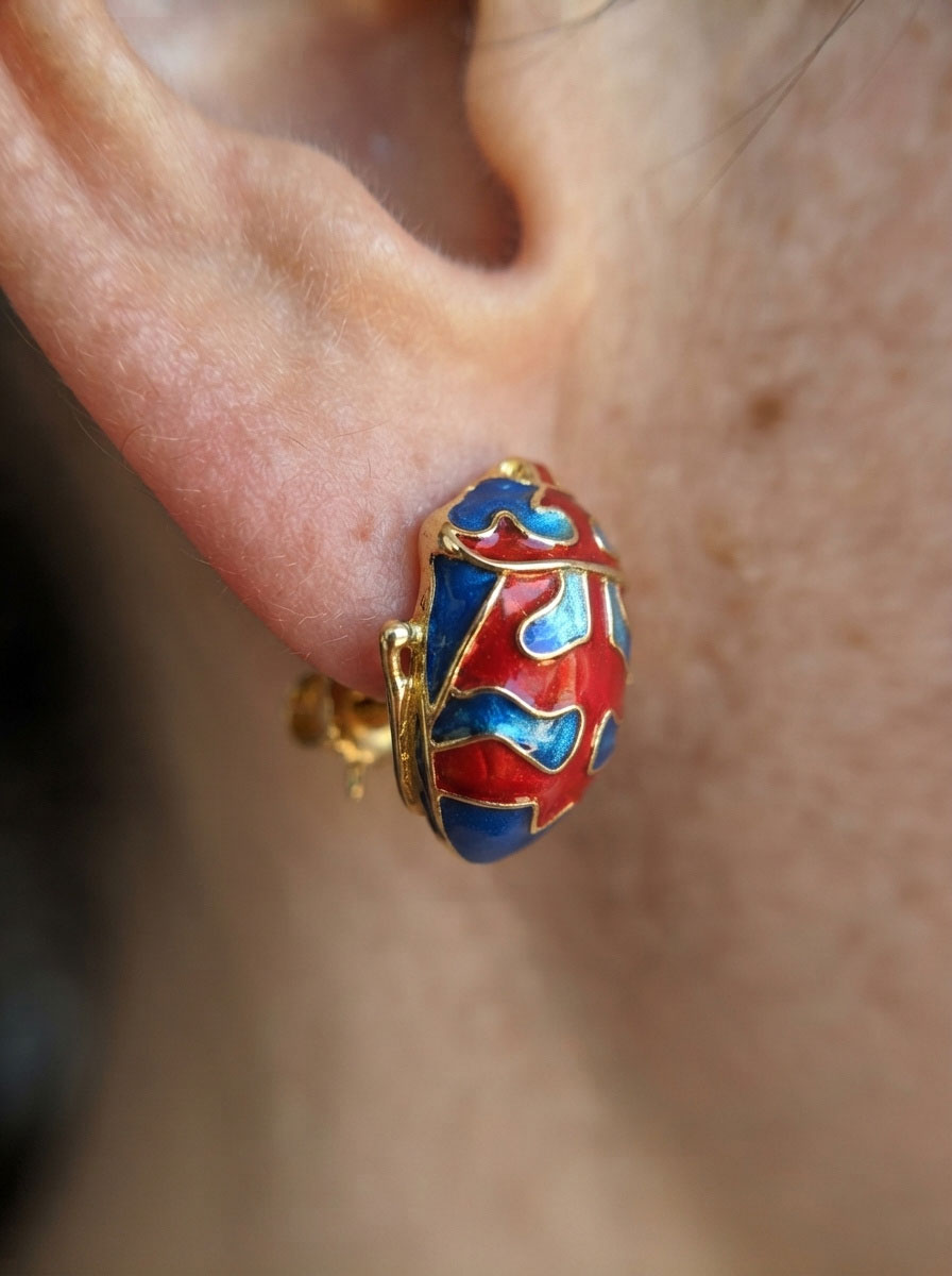 Harlequin Shield Bug Stud Earrings – Matte Red & Shiny‑Blue Enamel