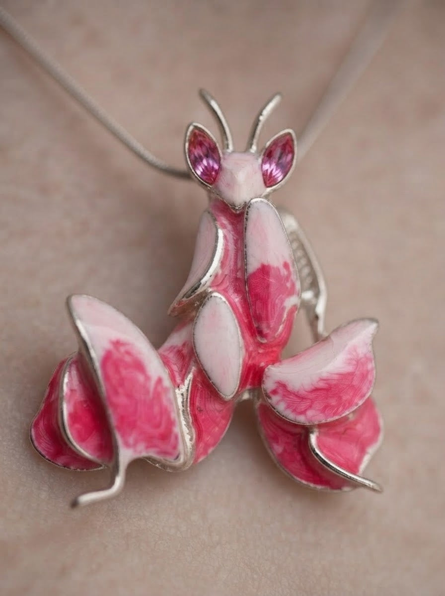 Pink Enamel Orchid Mantis Pendant – Mantis Jewelry Necklace