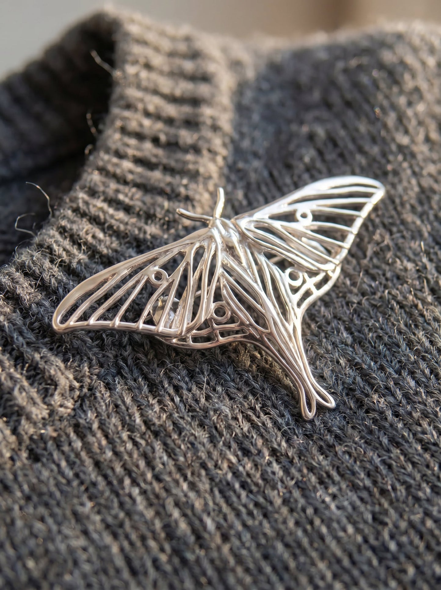 Silver Luna Moth Brooch – Handmade Celestial Insect Jewelry