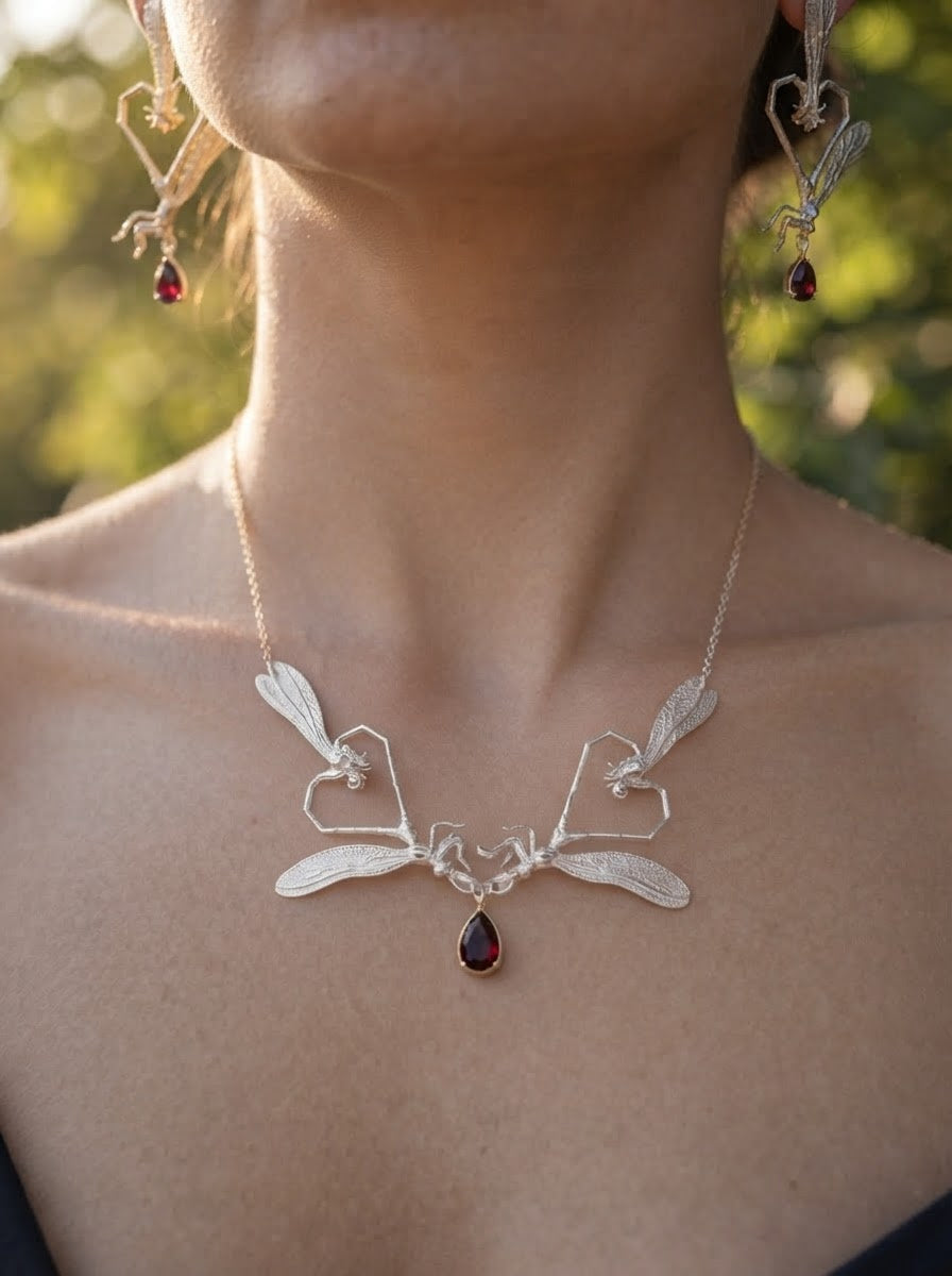 Dragonfly Love Necklace — Gold or Silver with Pear‑Cut Stone