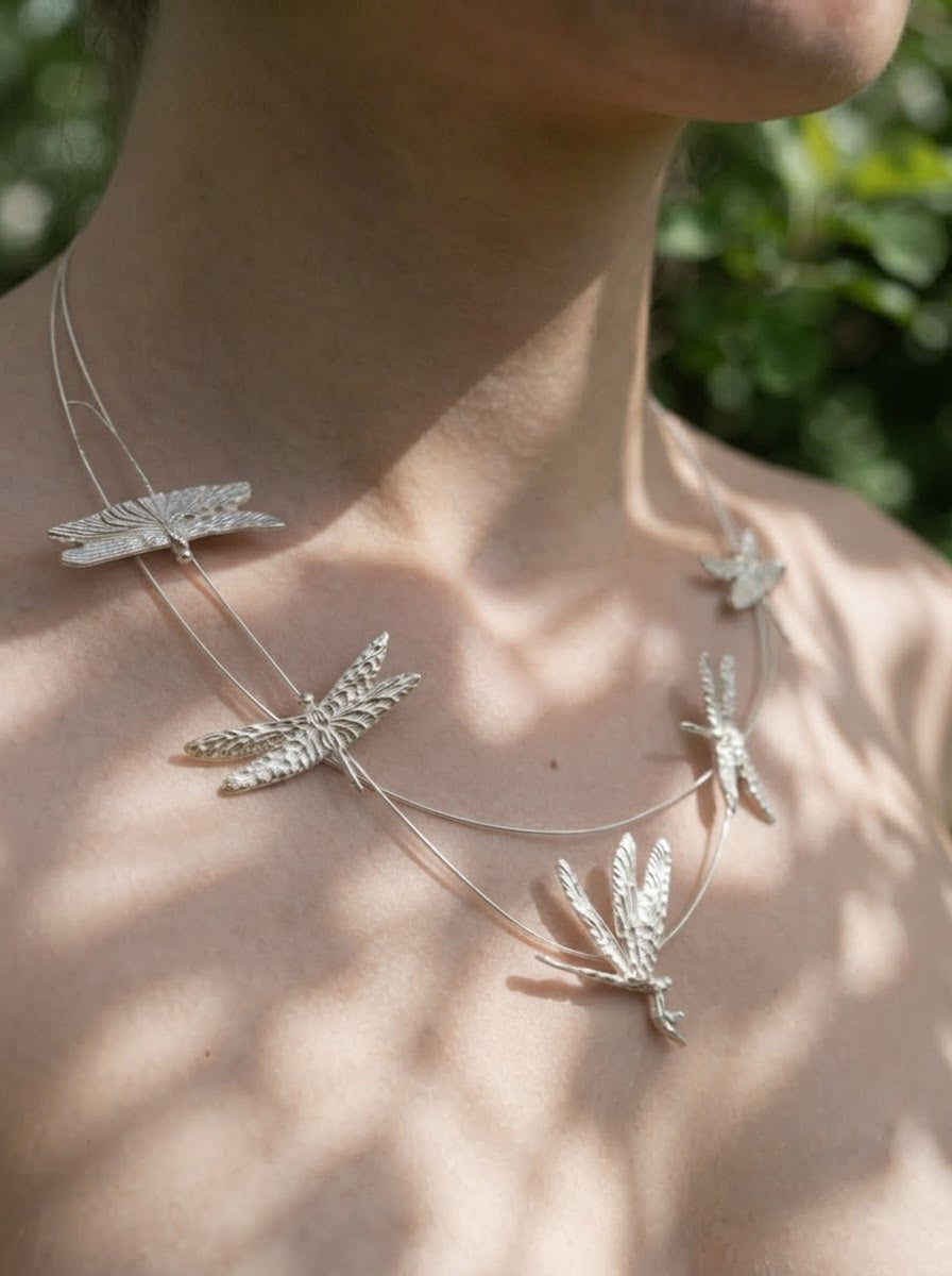 Dragonfly Flight Necklace — Sculptural Multi‑Wire Nature Jewelry in Sterling Silver or Gold