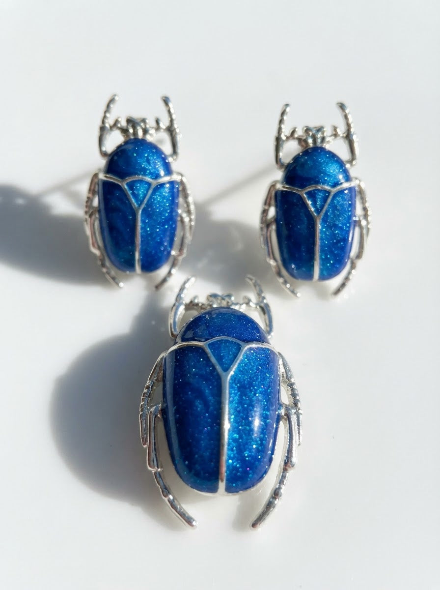 Blue Enamel Flower Beetle Pendant – Sculptural Insect Jewelry