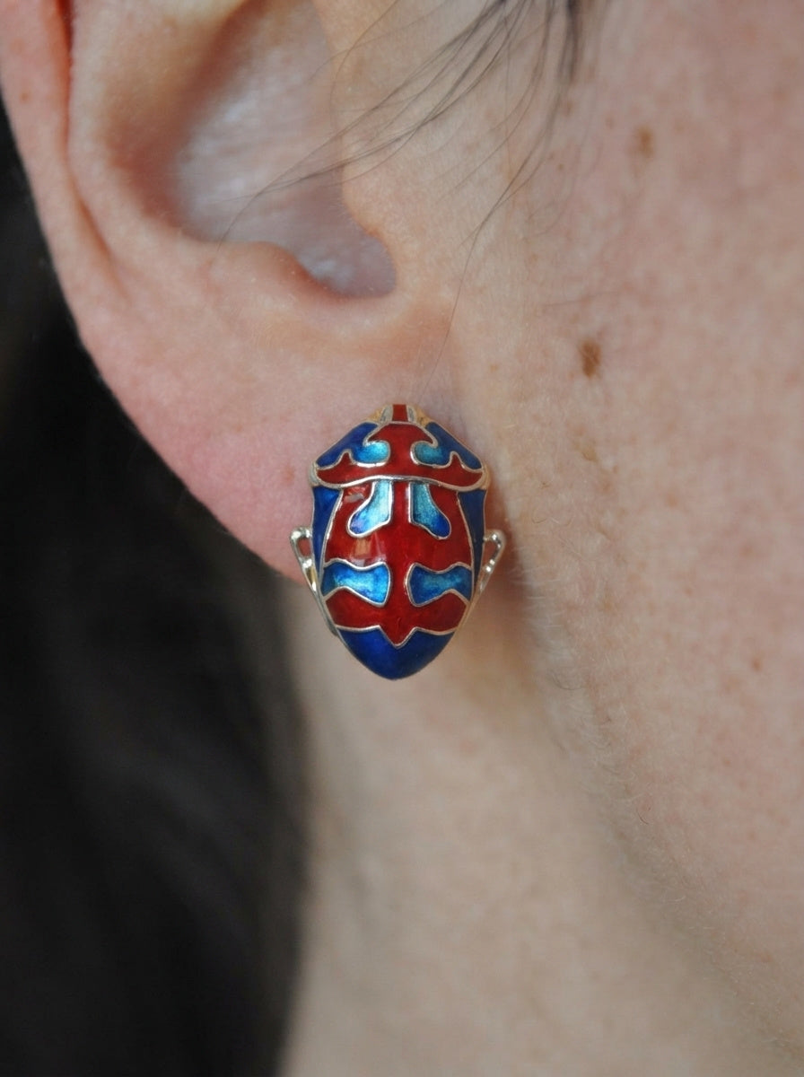 Harlequin Shield Bug Stud Earrings – Matte Red & Shiny‑Blue Enamel