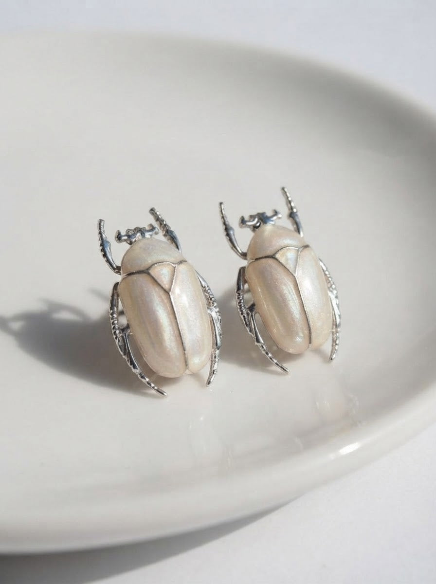 Pearl White Flower Beetle Stud Earrings – Enamel Insect Jewelry