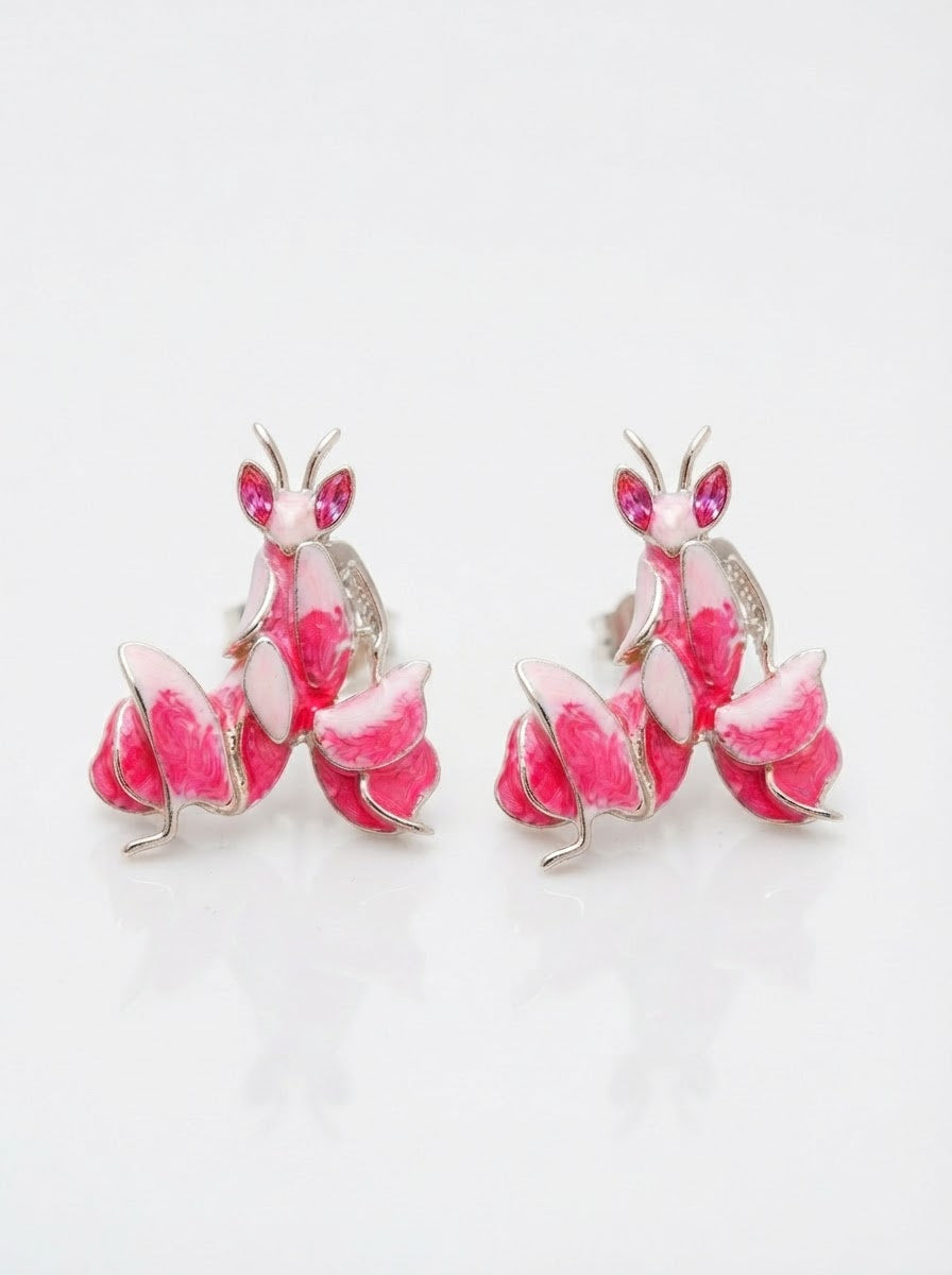 Pink Enamel Orchid Mantis Stud Earrings – Nature Inspired Insect Jewelry