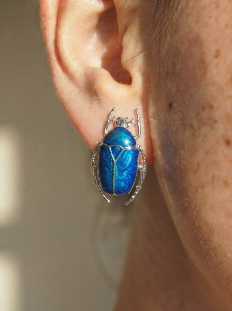 Blue Enamel Flower Beetle Stud Earrings – Sculptural Insect Jewelry