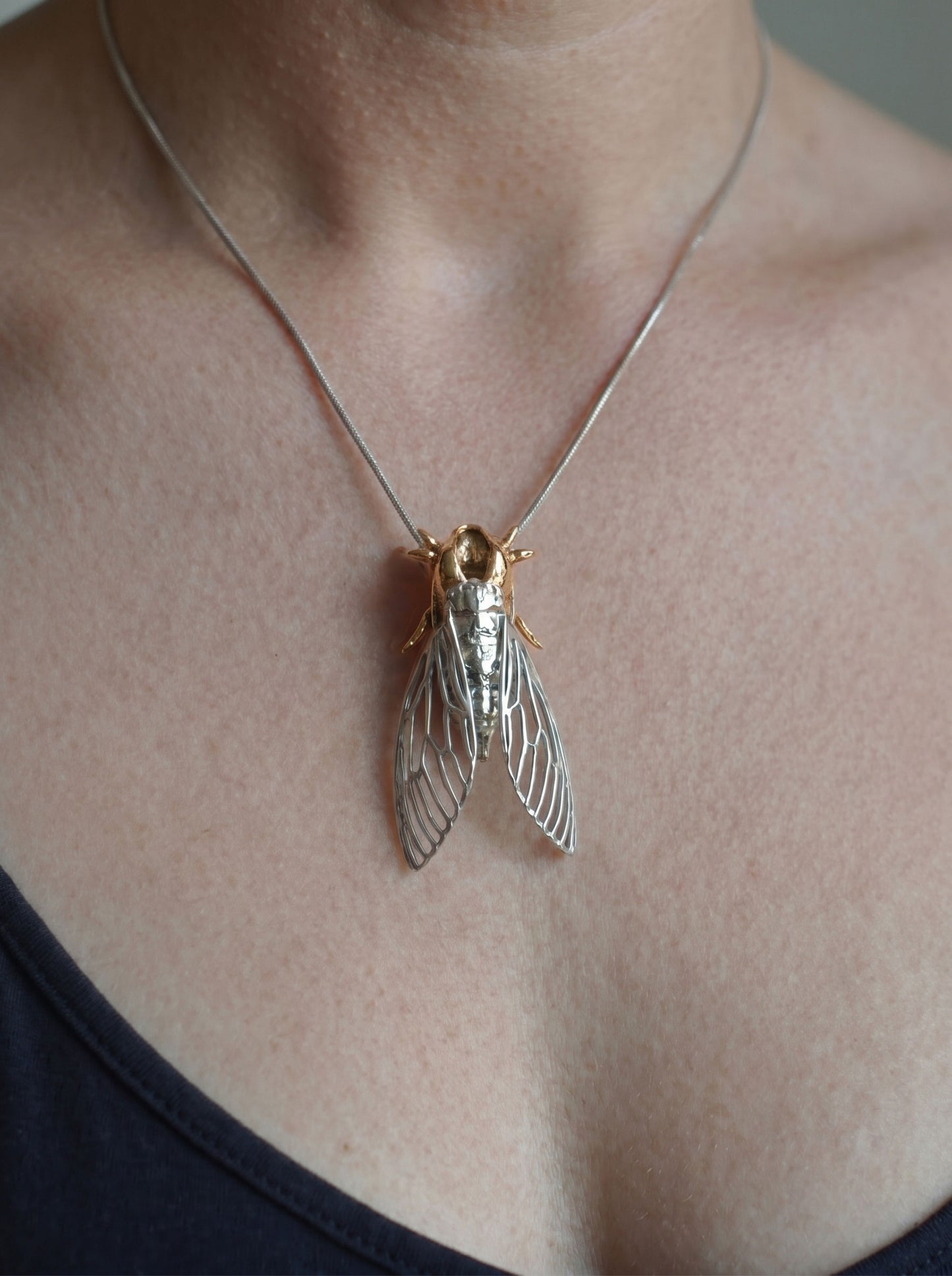 Cicada & Shell Pendant – Handmade Insect Jewelry in Silver & Gold
