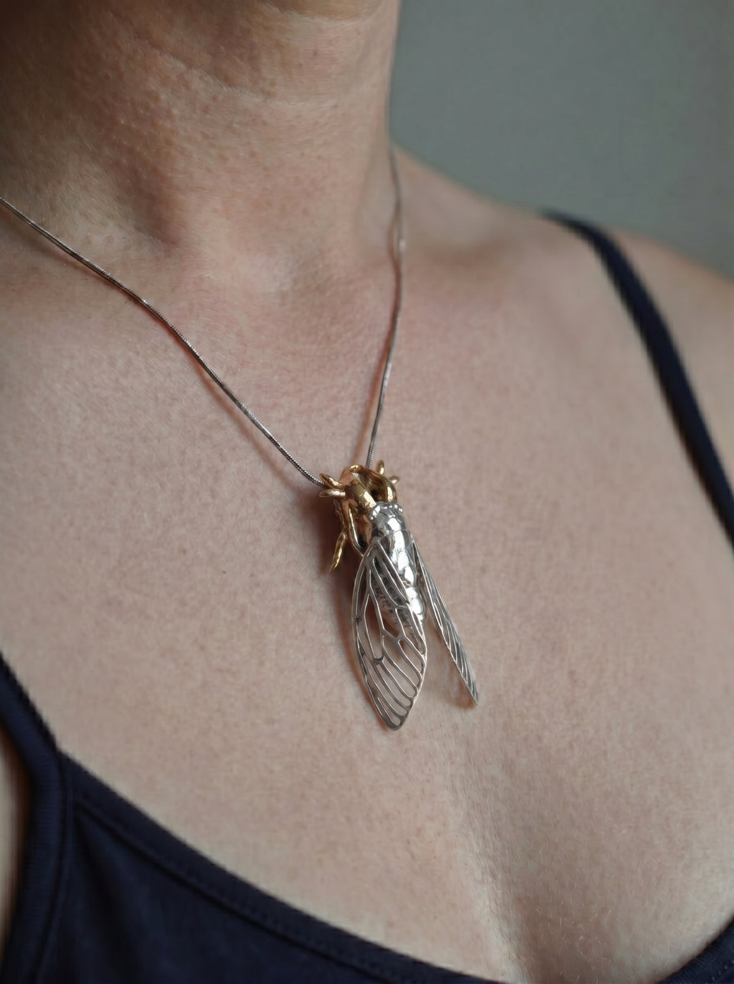 Cicada & Shell Pendant – Handmade Insect Jewelry in Silver & Gold