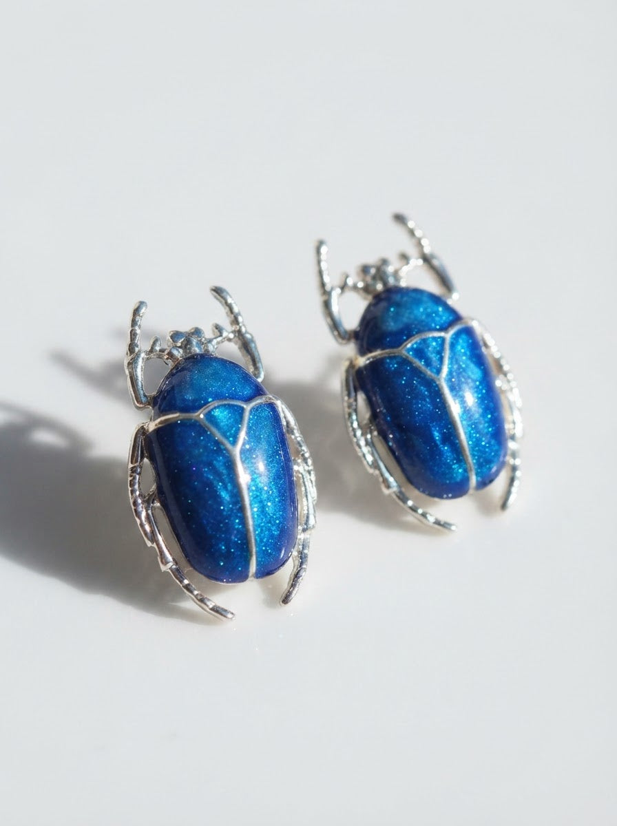Blue Enamel Flower Beetle Stud Earrings – Sculptural Insect Jewelry