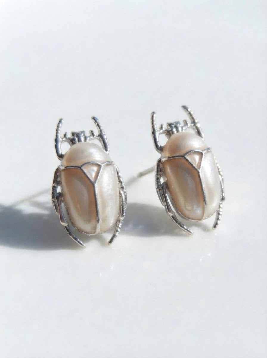 Pearl White Flower Beetle Stud Earrings – Enamel Insect Jewelry