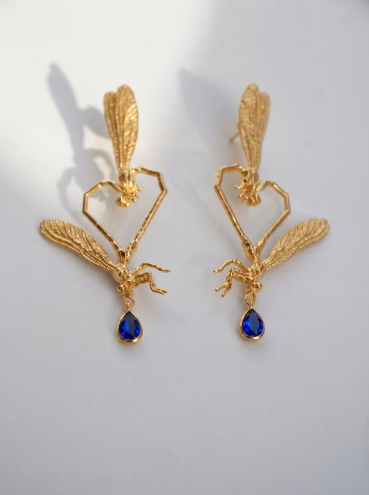 Dragonfly Love Stud Earrings — Gold‑Plated Brass or Gold‑Plated Sterling Silver with Blue Pear‑Cut Stone
