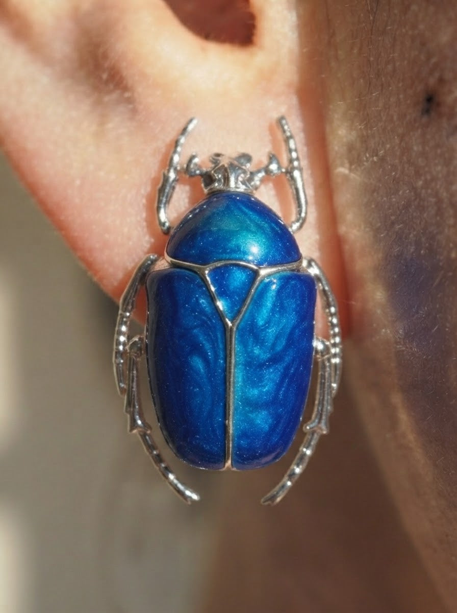 Blue Enamel Flower Beetle Stud Earrings – Sculptural Insect Jewelry