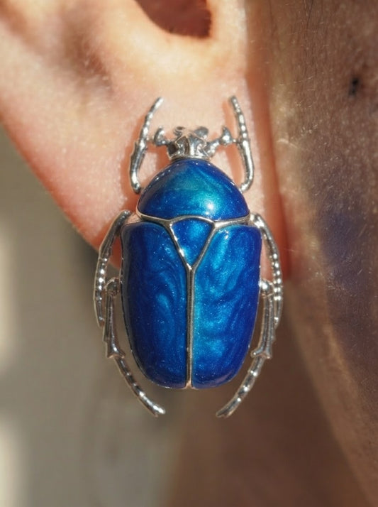 Blue Enamel Flower Beetle Stud Earrings – Sculptural Insect Jewelry