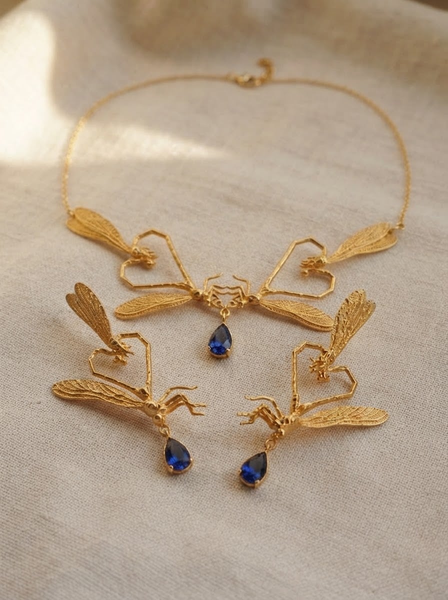 Dragonfly Love Necklace — Gold or Silver with Pear‑Cut Stone