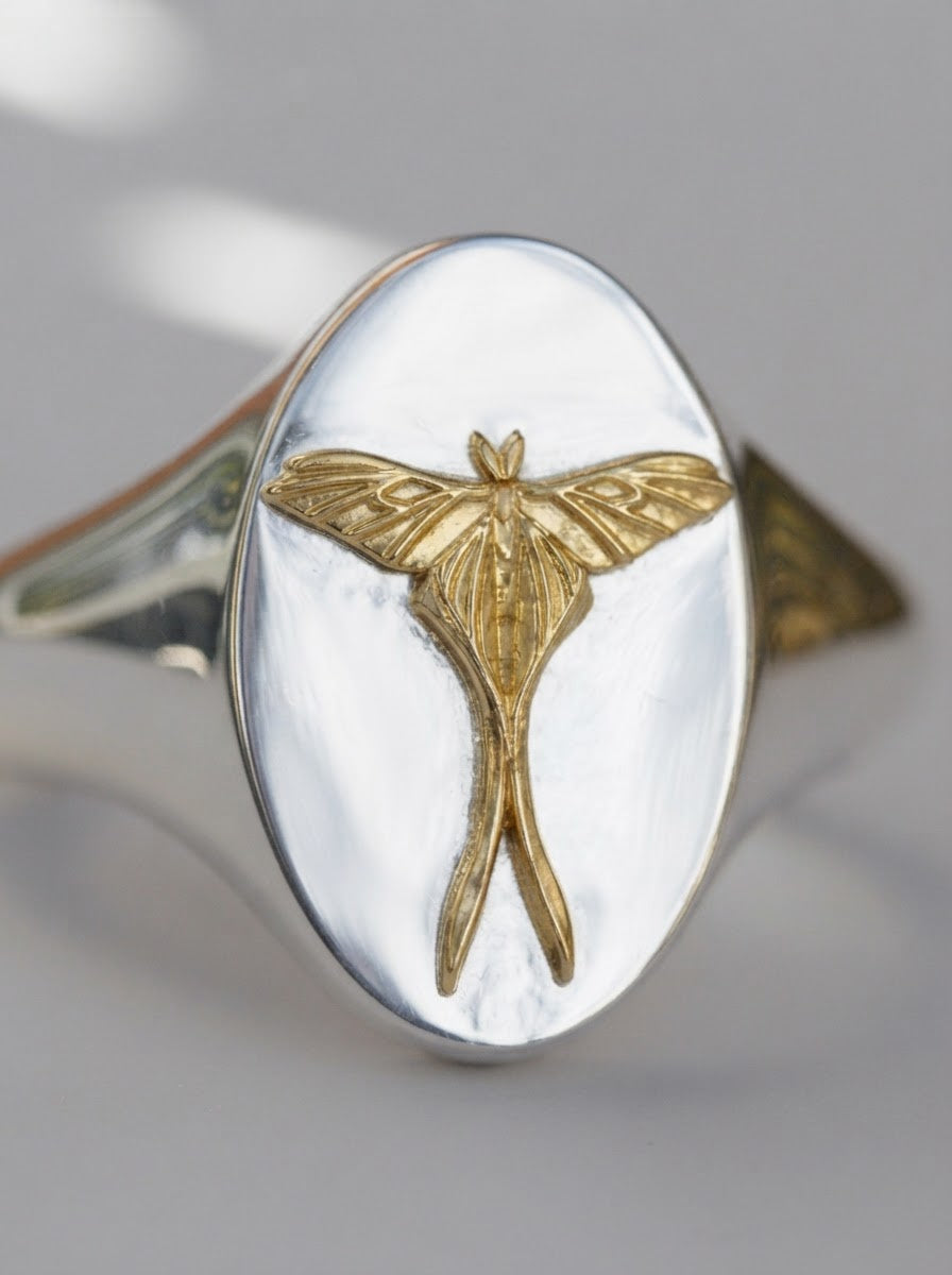 Cancer Luna Moth Signet Ring | Sterling Silver & Gold Plated
