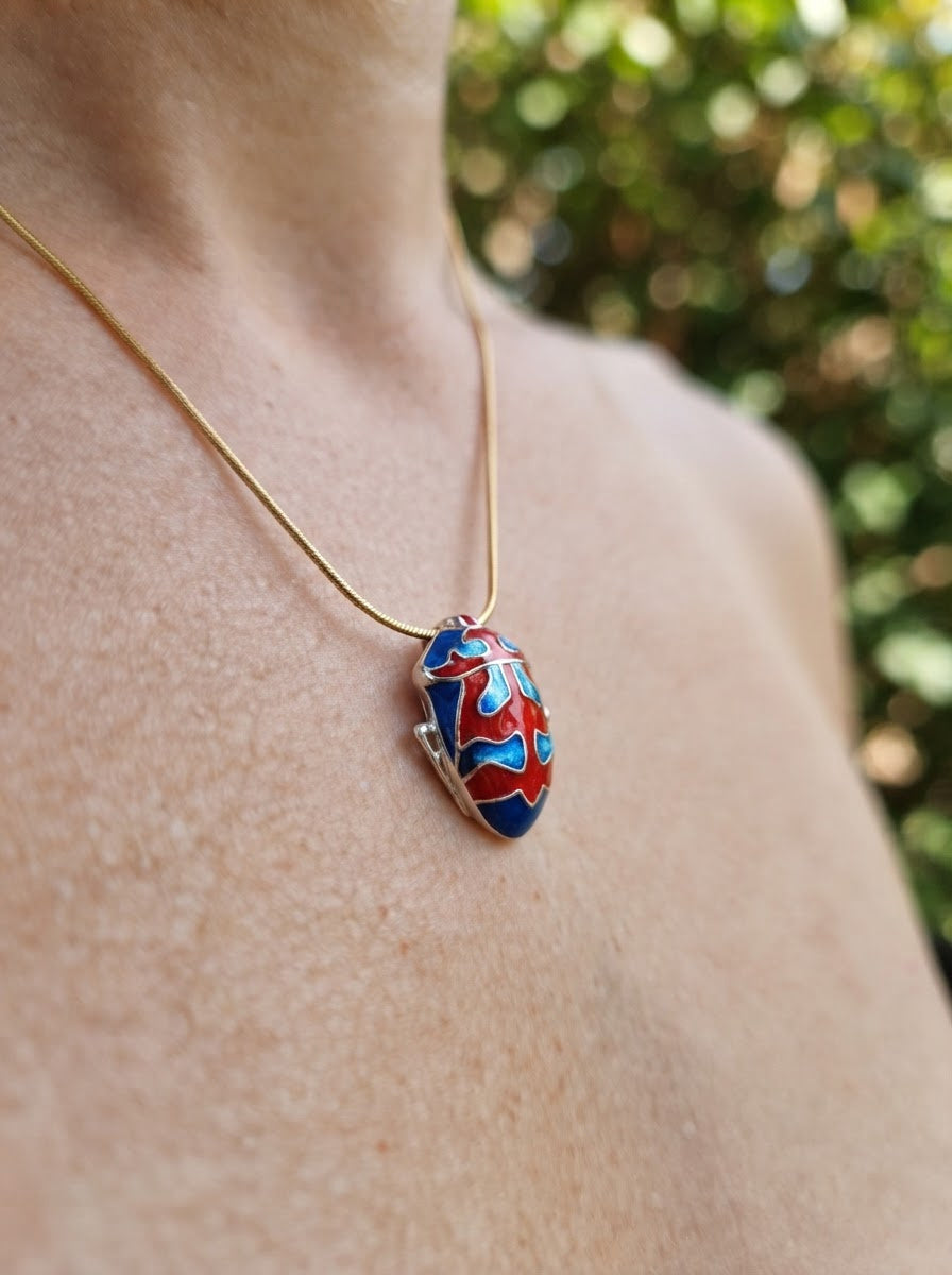 Harlequin Shield Bug Pendant – Matte Red & Shiny‑Blue Enamel
