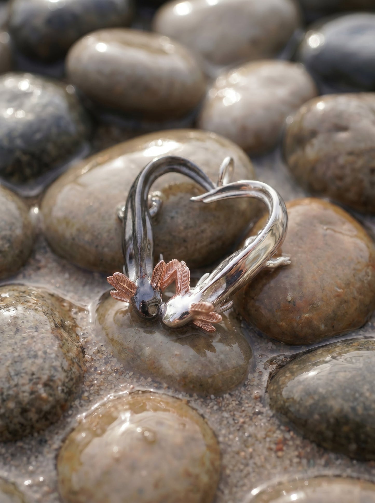 Axolotl Love Pendant – Heart-Shaped Axolotl Necklace in Silver & Rhodium | Anna Reikher Jewelry