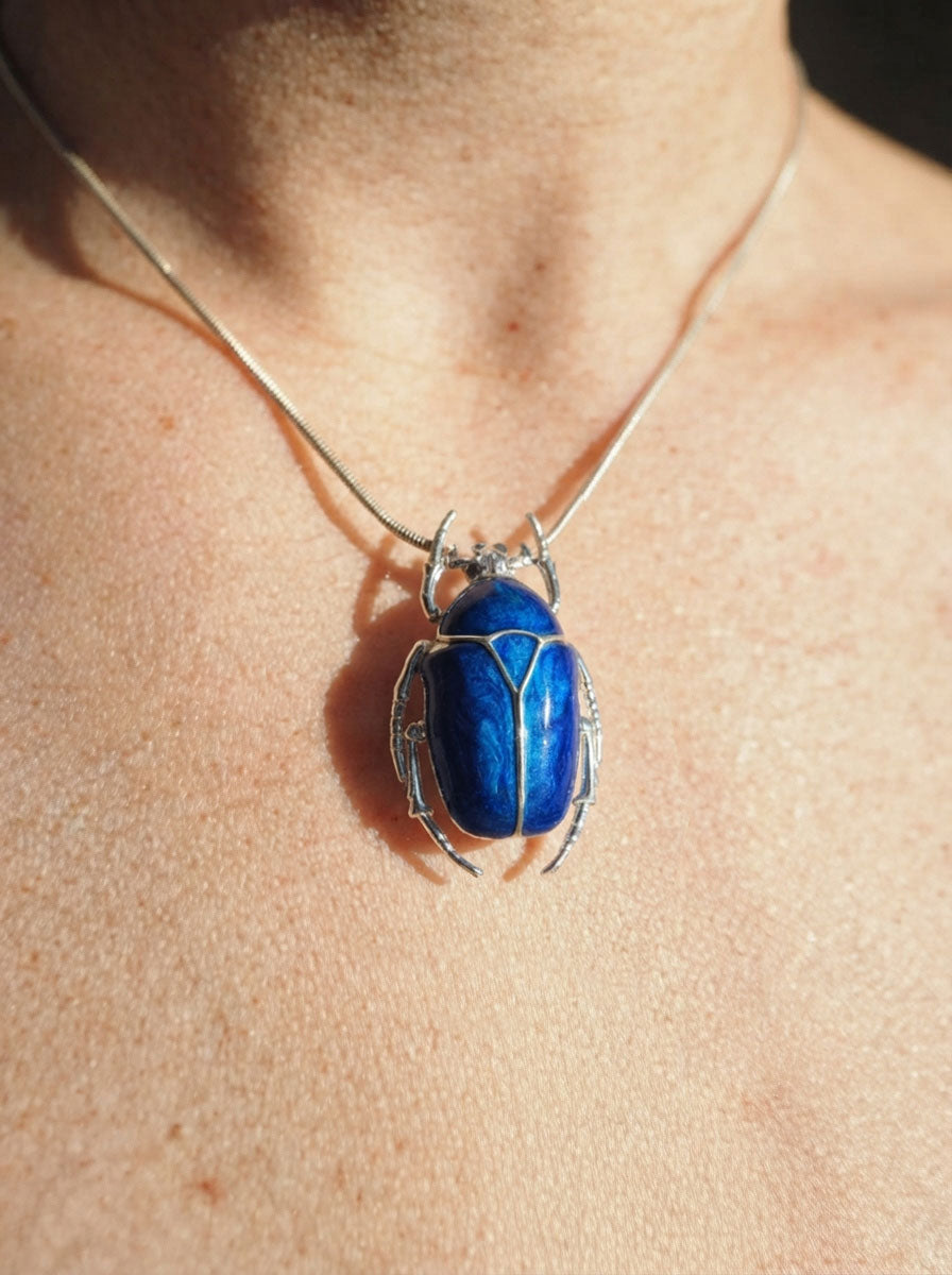 Blue Enamel Flower Beetle Pendant – Sculptural Insect Jewelry