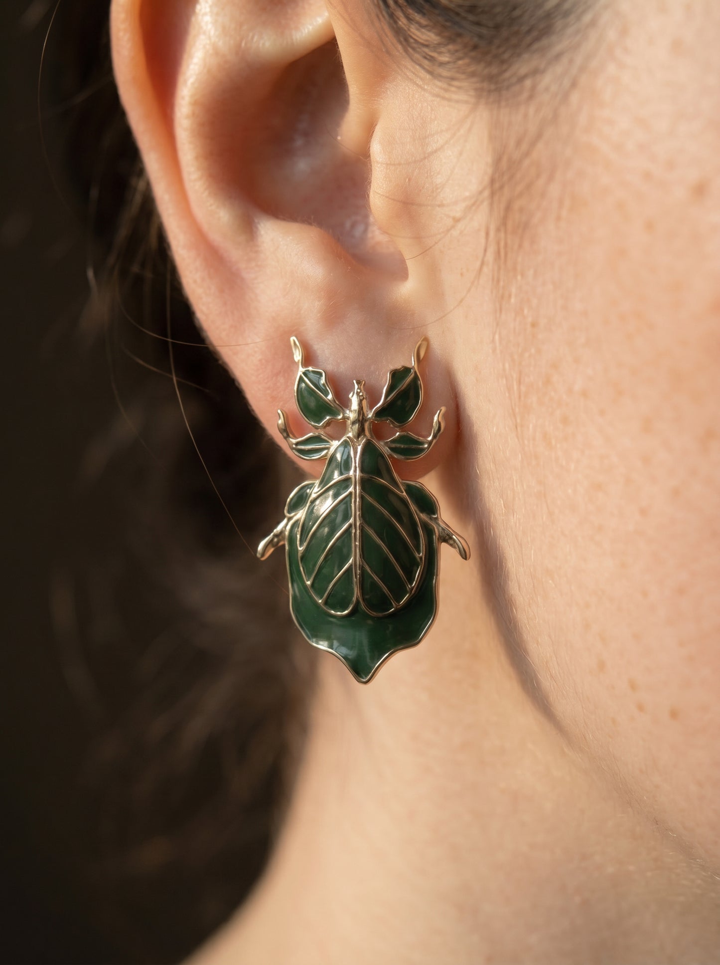 Phylliidae Leaf Insect Earrings – Gold or Silver Studs with Enamel
