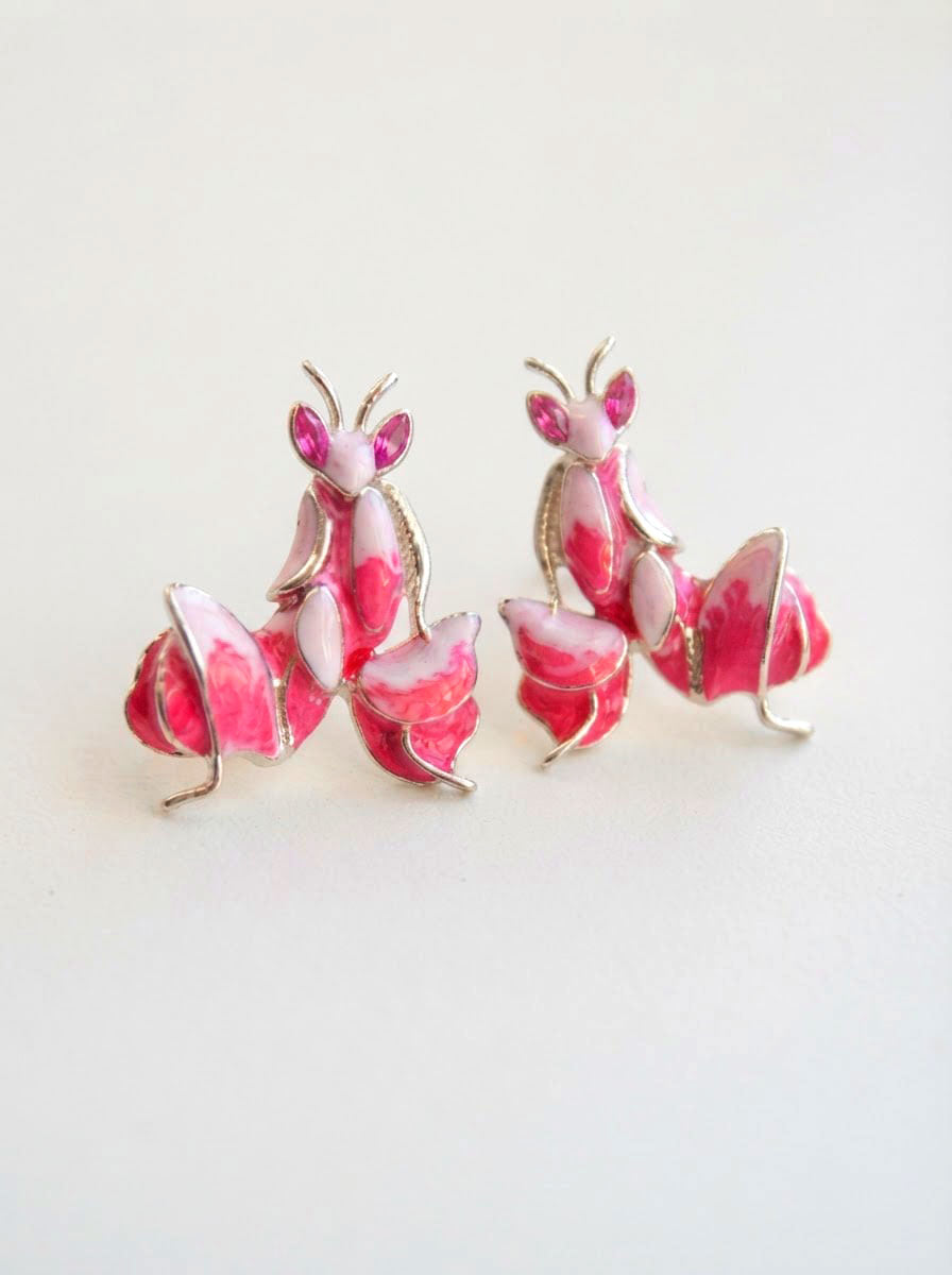 Pink Enamel Orchid Mantis Stud Earrings – Nature Inspired Insect Jewelry