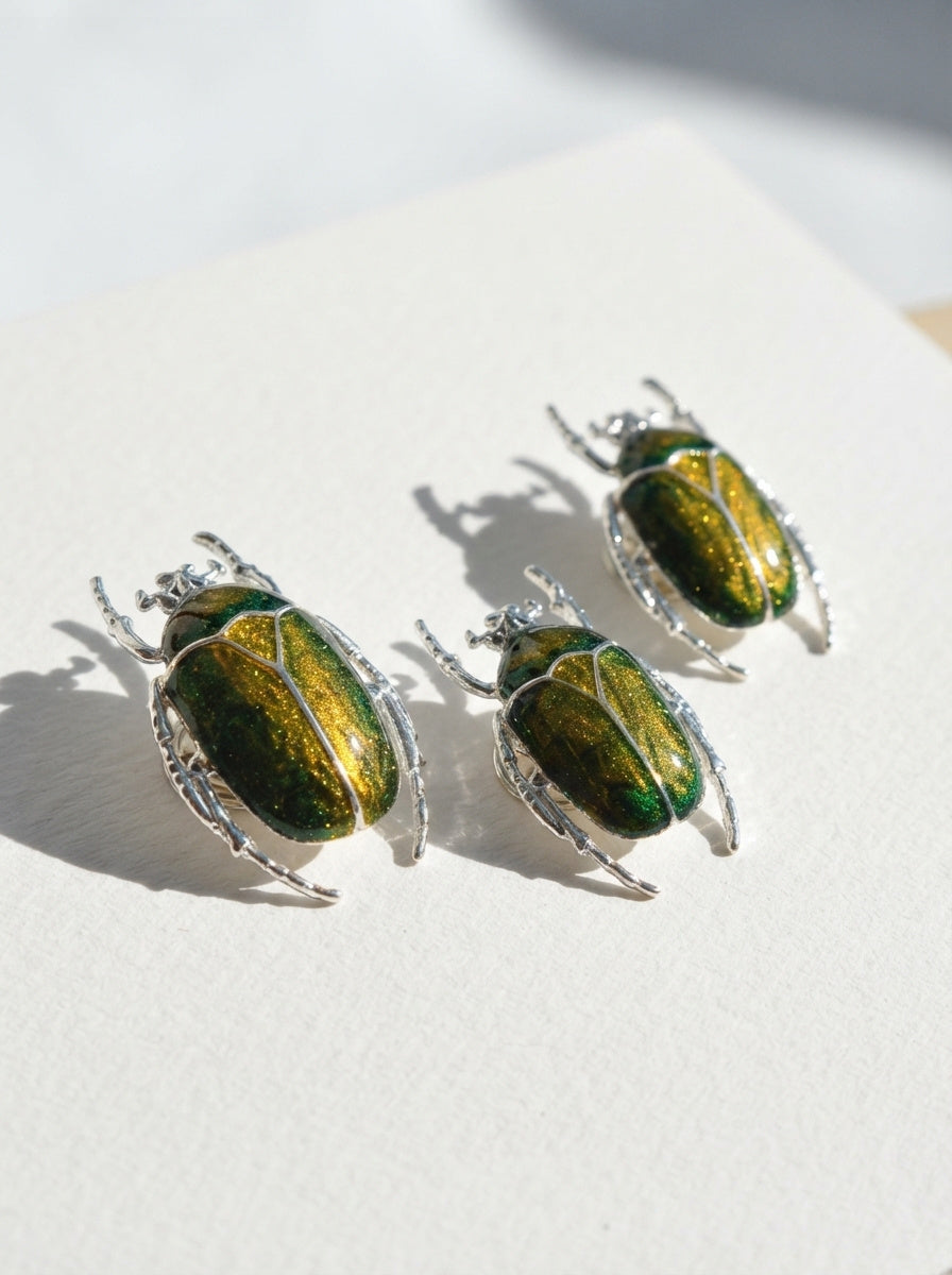 Green & Yellow Enamel Flower Beetle Stud Earrings – Sculptural Insect Jewelry