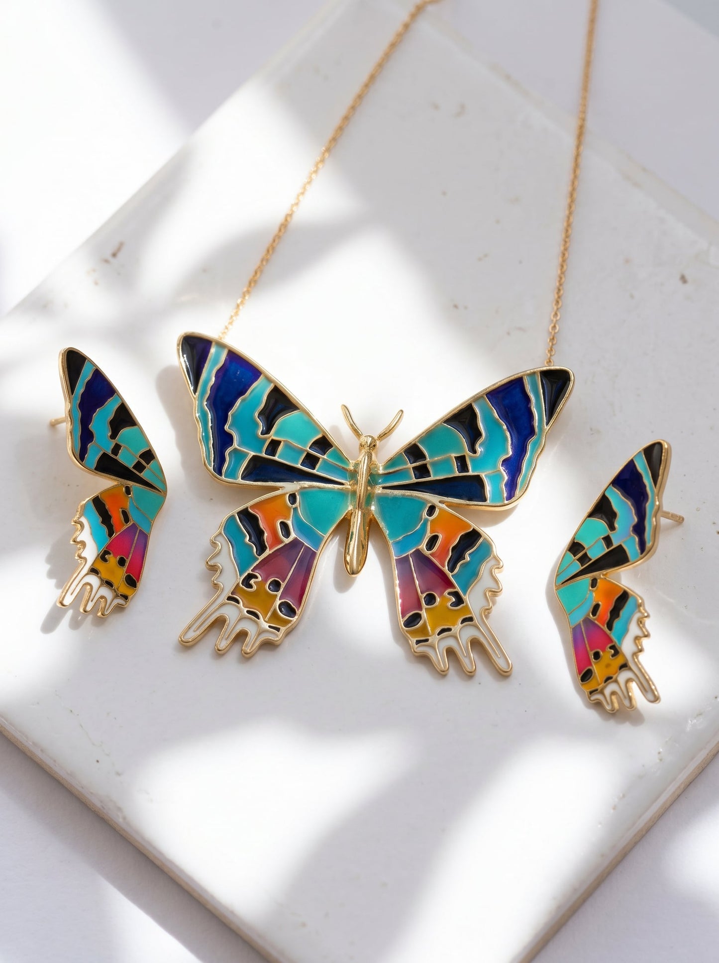 Madagascar Sunset Moth Necklace — Hand‑Enameled in 14k Gold Plated or Sterling Silver