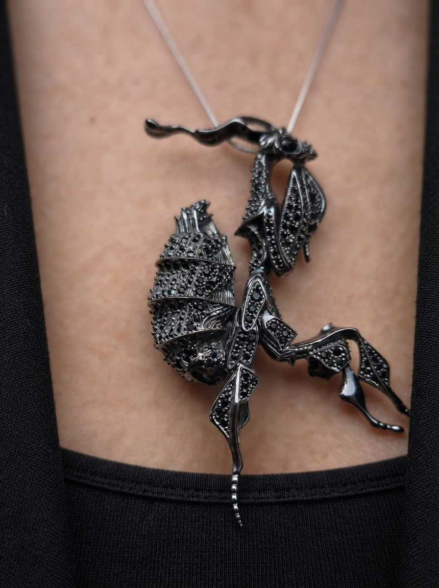 Black Crystal Ghost Mantis Pendant – Statement Entomology Jewelry