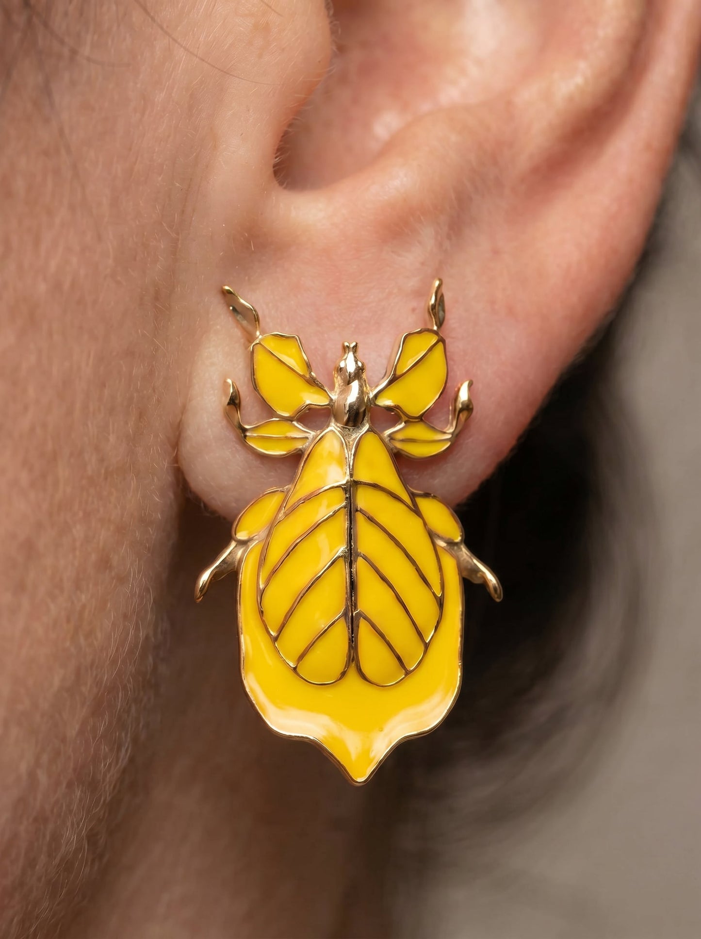 Phylliidae Yellow Leaf Insect Earrings – Gold or Silver Studs with Yellow Enamel