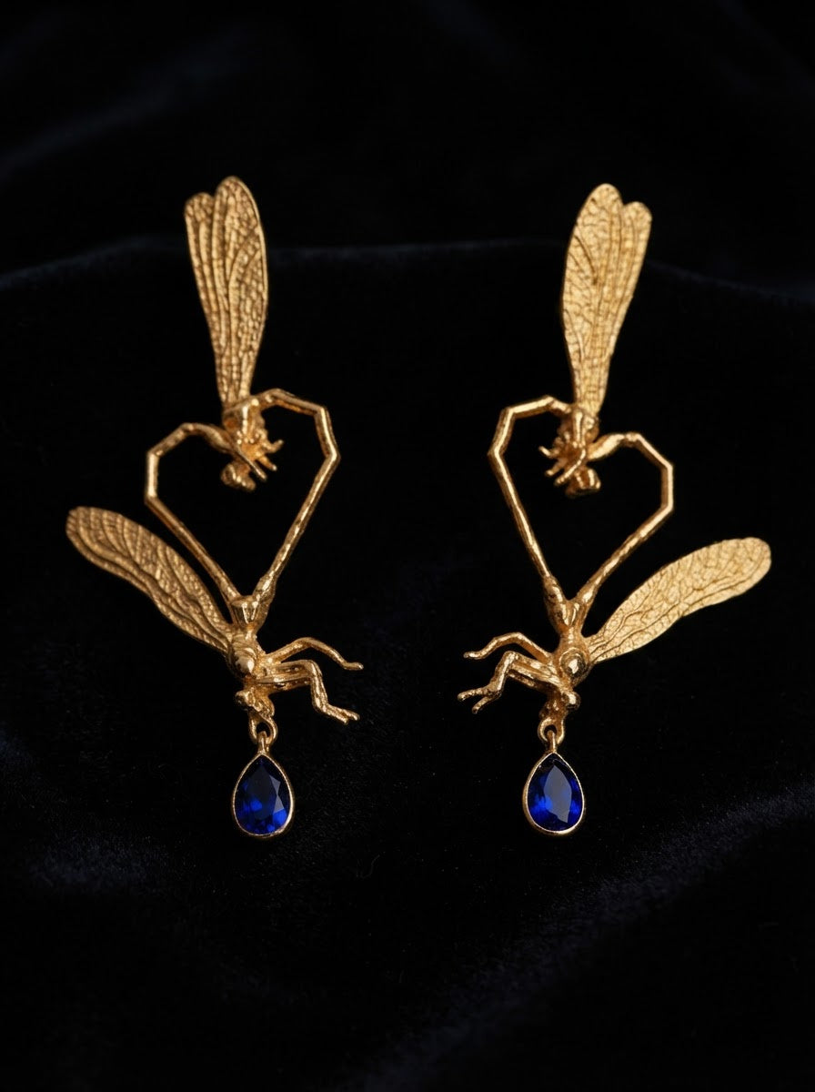 Dragonfly Love Stud Earrings — Gold‑Plated Brass or Gold‑Plated Sterling Silver with Blue Pear‑Cut Stone