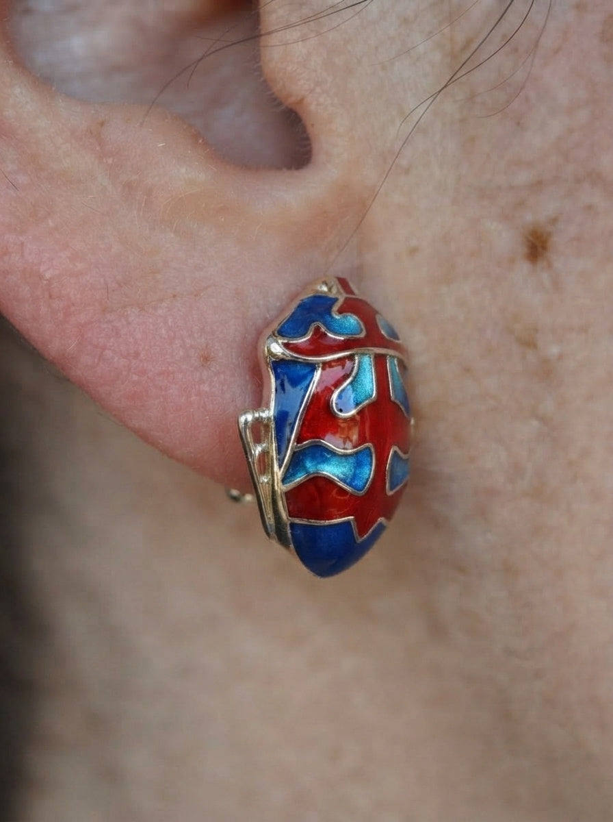 Harlequin Shield Bug Stud Earrings – Matte Red & Shiny‑Blue Enamel