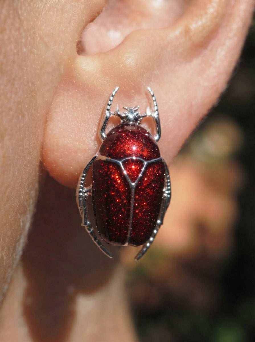 Glossy Dark Red Enamel Flower Beetle Stud Earrings – Nature Inspired Insect Jewelry