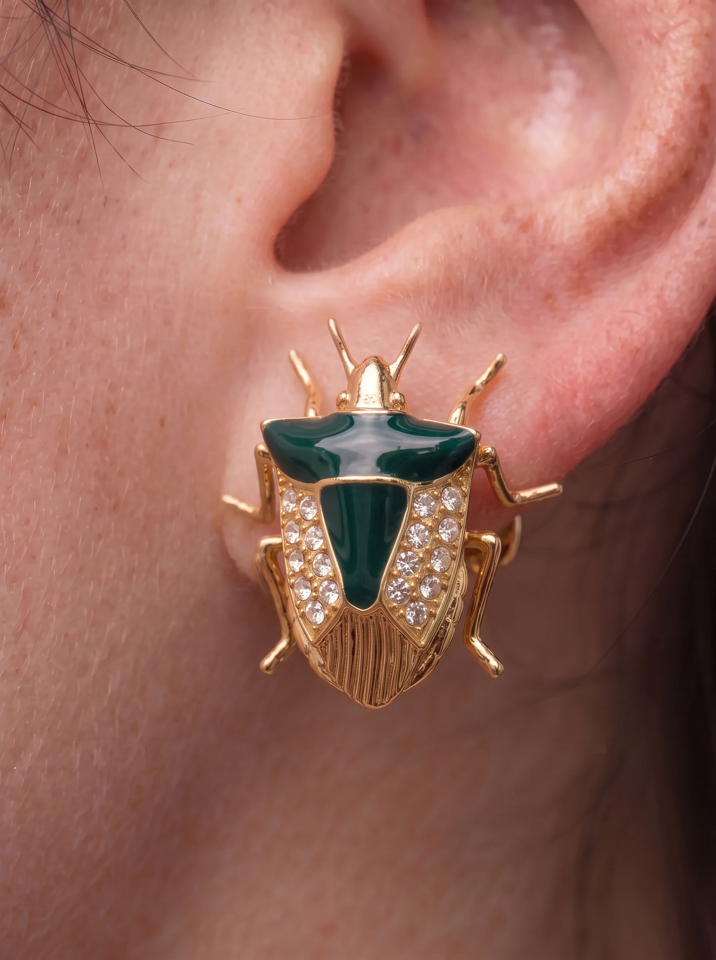 Stink Bug Stud Earrings with Deep Green Enamel • Silver or 14k Gold‑Plated