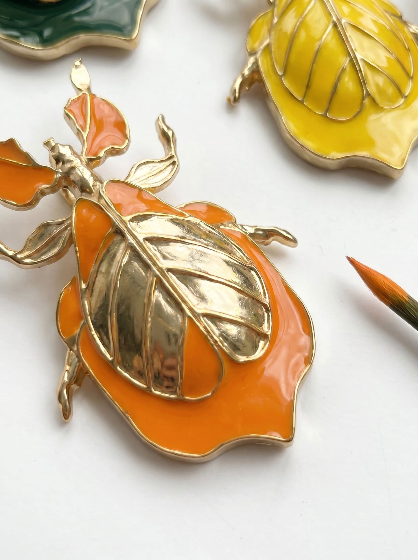 Phylliidae Leaf Insect Pendant –Orange Enamel | Nature‑Inspired Sculptural Jewelry (Copy)