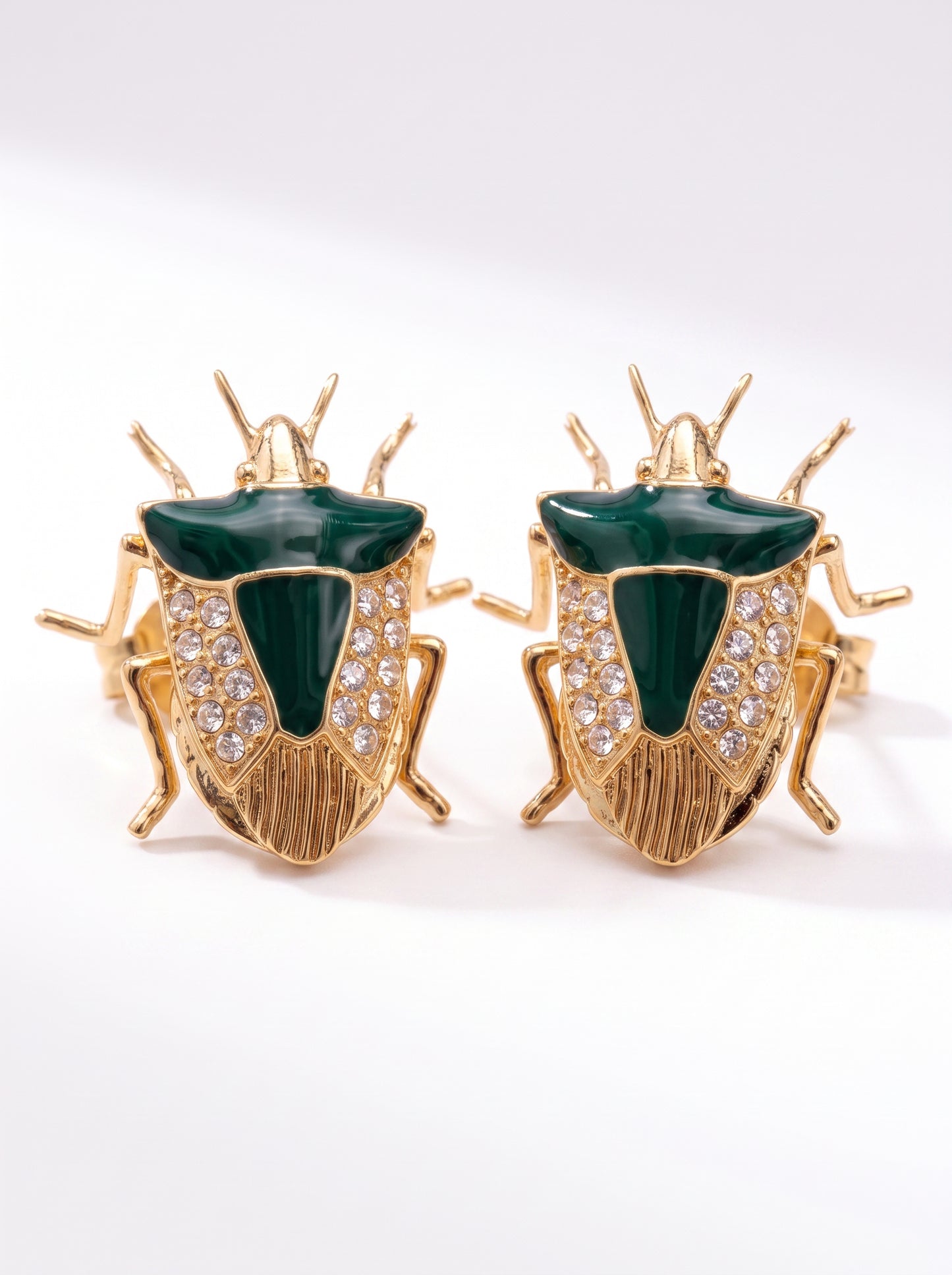 Stink Bug Stud Earrings with Deep Green Enamel • Silver or 14k Gold‑Plated