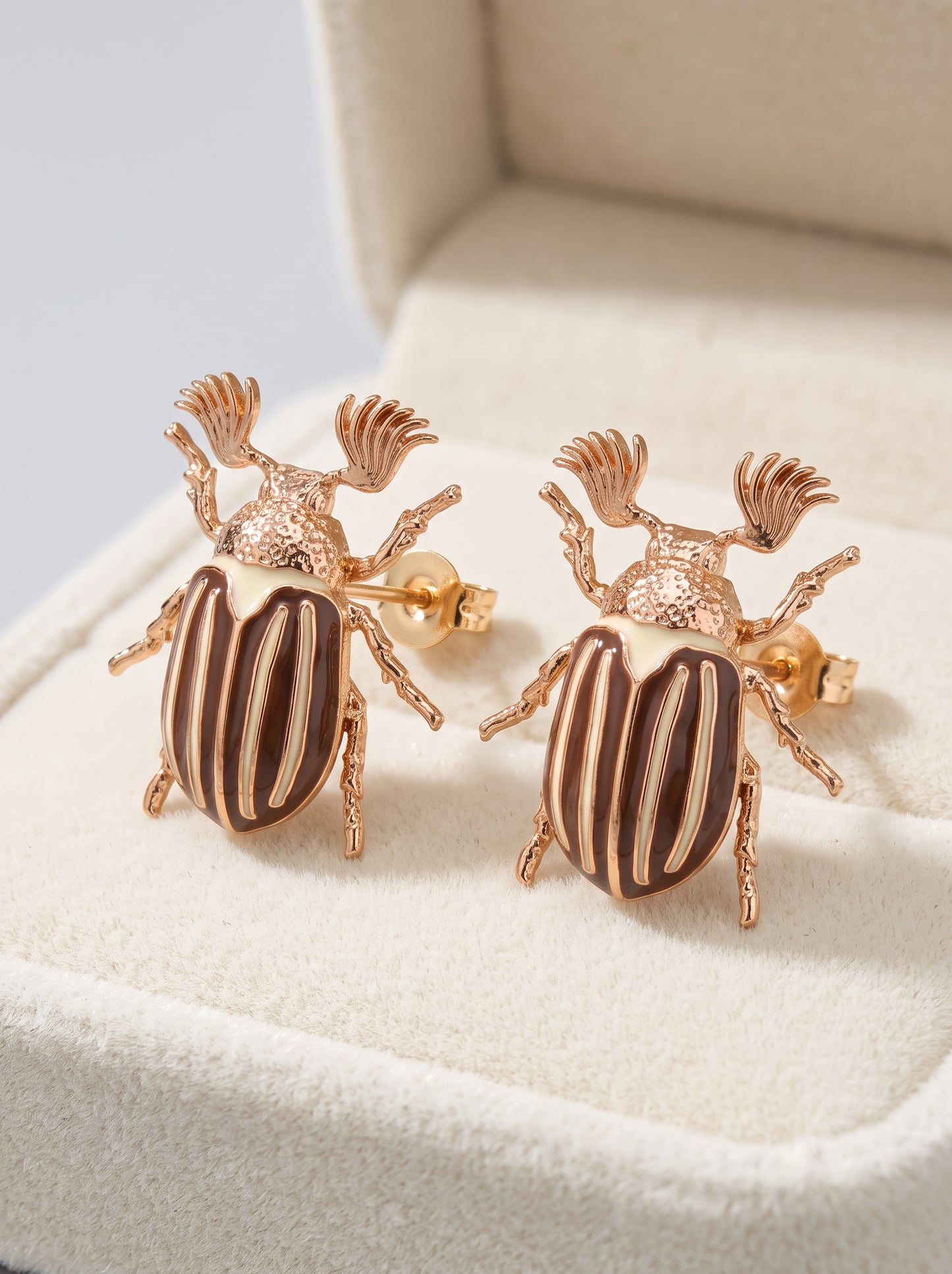 June Bug Stud Earrings — Silver or Gold with Bronze & Off‑White Enamel