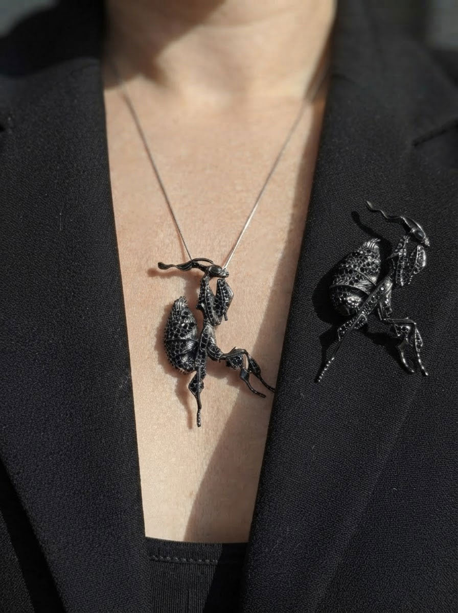 Black Crystal Ghost Mantis Pendant – Statement Entomology Jewelry