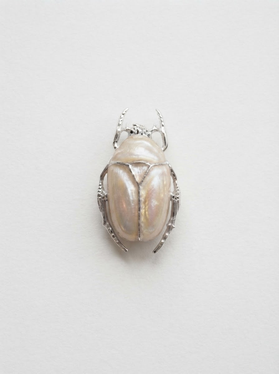 Pearl White Enamel Flower Beetle Pendant – Insect Necklace, Nature Inspired Jewelry