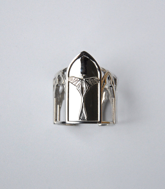 Sanctuary of Wings ring – gothic cathedral-style silver ring with embossed Luna moth in modern sculptural design by Anna Reikher