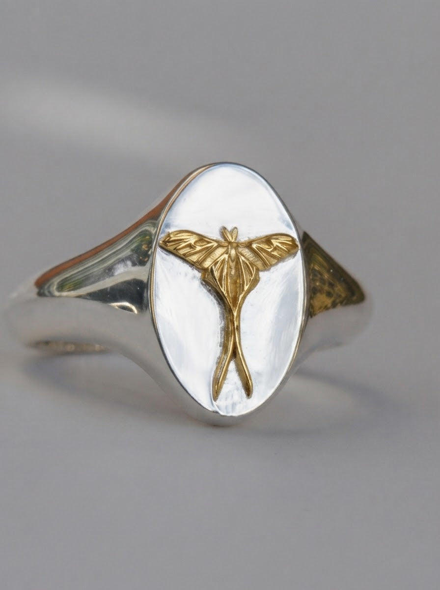 Cancer Luna Moth Signet Ring | Sterling Silver & Gold Plated